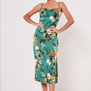 Missguided Green Floral Cowl Silk Dress
